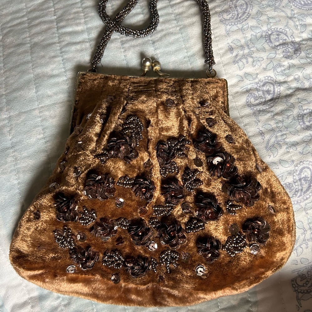 Christian Livingston evening bag velvet beaded front trim  plain backside.